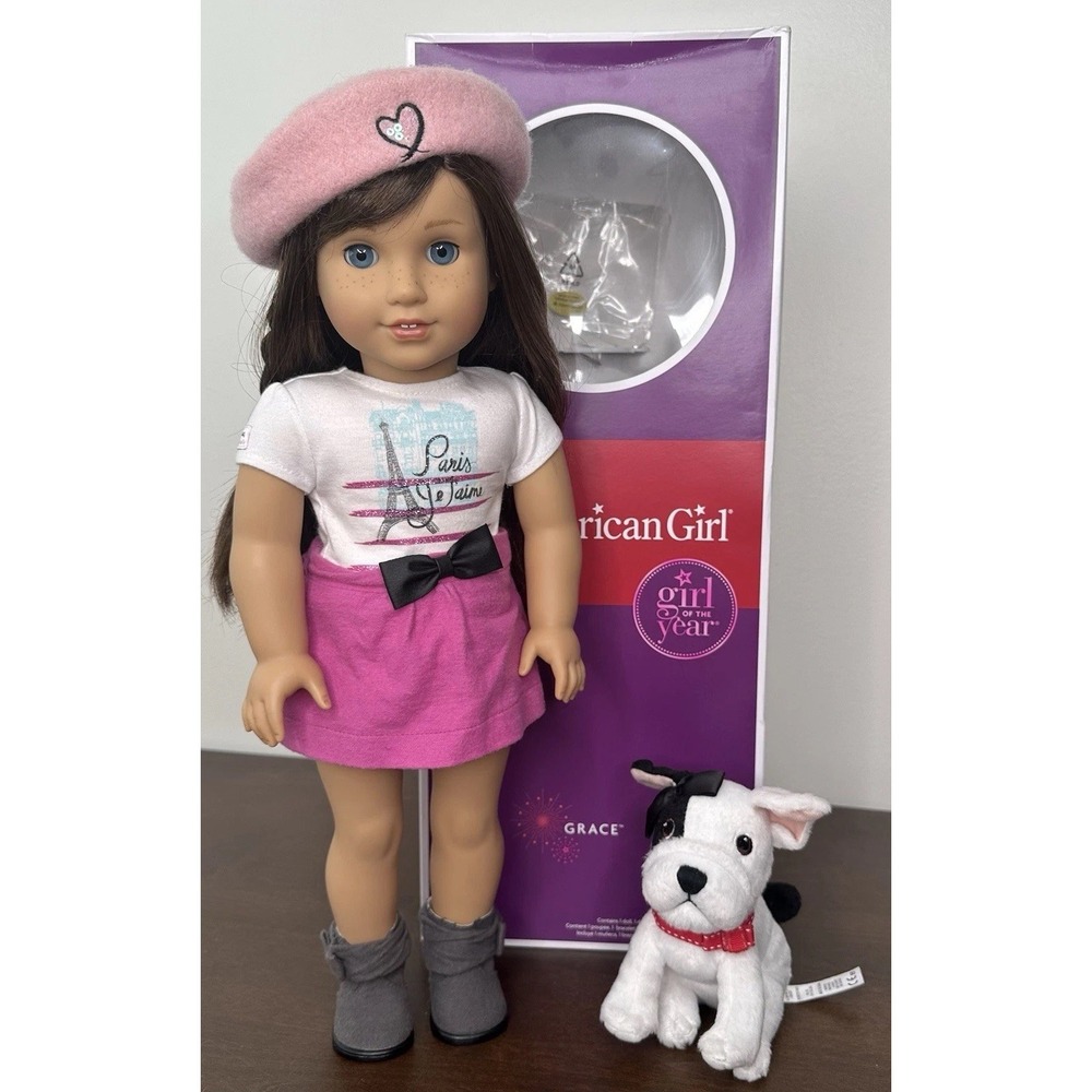 Grace Thomas Doll French Bulldog American Girl Box Beret GOTY 2015 Dog Meet Pink
